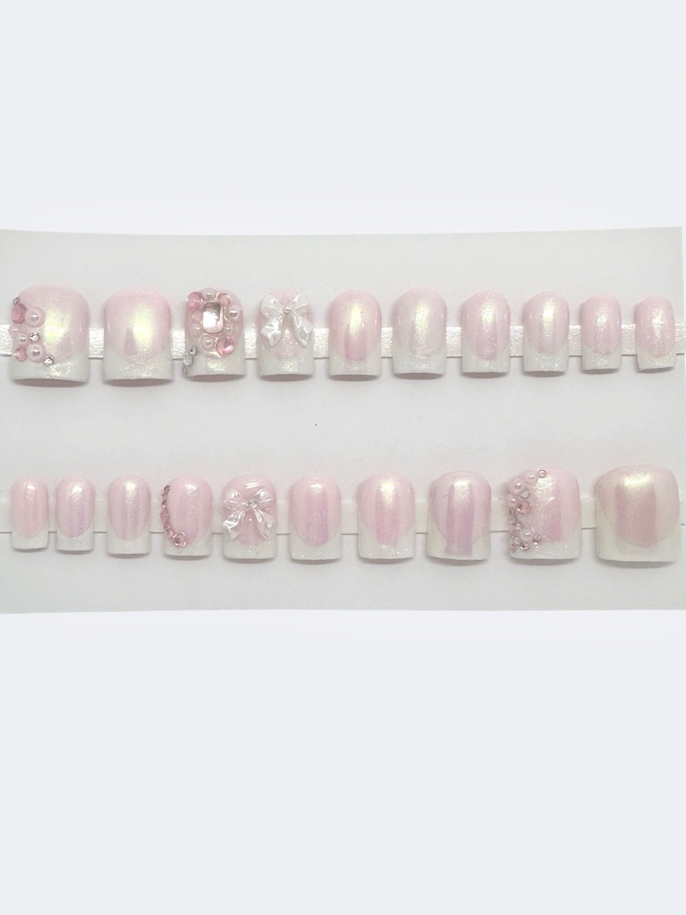 Handmade Press On Nails Short Square Iridescent Pink White French Tip Sparkle